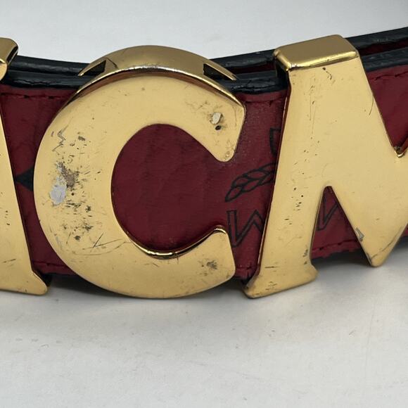 MCM Claus Red Visetos 24k Rolled Gold Buckle Belt Logo On Leather AS IS DAMAGED - Picture 7 of 16